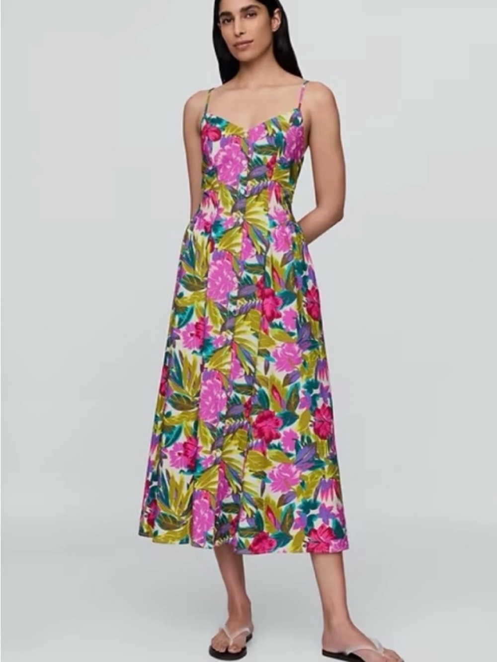GAP Floral Spaghetti-Strap Midi Dress in Pink, Green & Purple